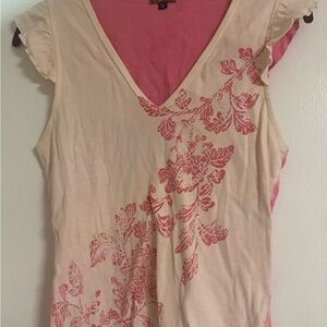 Pink and Cream Floral V-Neck Blouse With Ruffled Sleeves